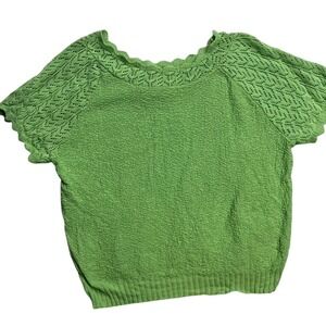 Vintage Y2K Carly Blake‎ Women 1X Green Knit Crochet Short Sleeve Sweater Cotton